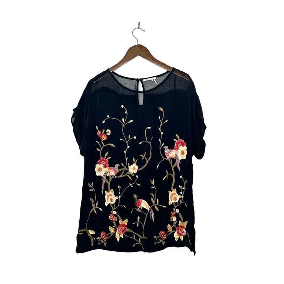 Anthropologie Floreat Size Large Mesh Embroidered Sequin Floral Bird Blouse - Picture 1 of 5